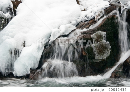A small active waterfall. Clean mountain stream, snowy winter landscape, wildlife background 90012455