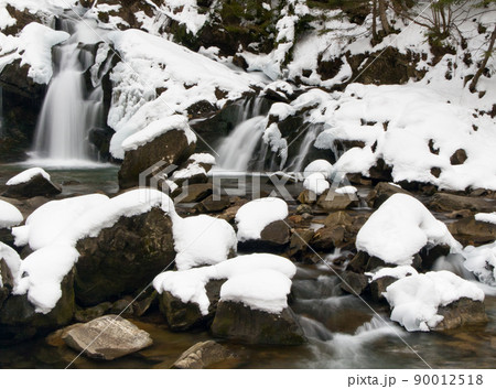 A small active waterfall. Clean mountain stream, snowy winter landscape, wildlife background A small active waterfall. Clean mountain stream, snowy winter landscape, wildlife background 90012518