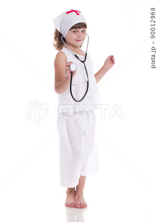 Pretty medical doctor woman with stethoscope isolated on white 90012969