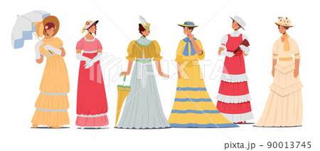 Set of Beautiful 19th Century Ladies in Elegant Gowns, Hats and Accessories. Isolated Victorian English or French Women 90013745