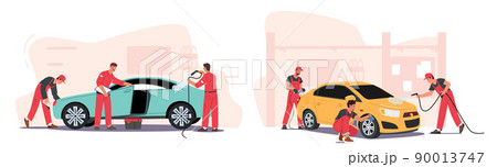 Car Wash Service Concept. Cleaning Company Employees Male Characters Working Process. Workers Wear Red Uniform 90013747