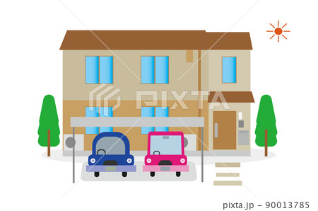 車が必需品の郊外の新築一軒家のマイホームとカーポートのイラスト・自家用車・外構・エクステリア 90013785