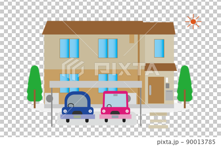 車が必需品の郊外の新築一軒家のマイホームとカーポートのイラスト・自家用車・外構・エクステリア 90013785