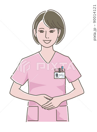 ピンク色のスクラブを着て正面で手を重ねた女性医療従事者のイラスト ピンク色のスクラブを着て正面で手を重ねた女性医療従事者のイラスト 90014121