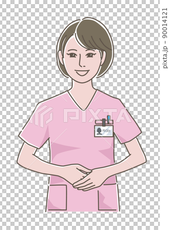 ピンク色のスクラブを着て正面で手を重ねた女性医療従事者のイラストのイラスト素材 ピンク色のスクラブを着て正面で手を重ねた女性医療従事者のイラストのイラスト素材