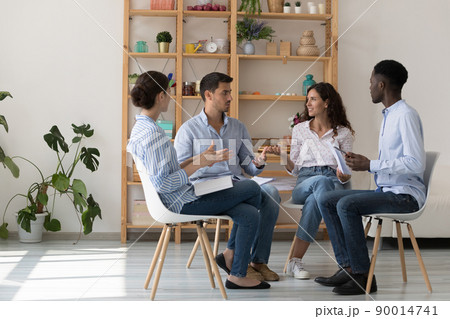 Engaged diverse work addicts discussing mental health, psychological problems 90014741