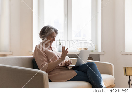 Happy cheerful mature grandma woman making video call 90014990