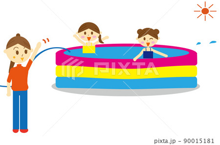 自宅の庭の家庭用プールで水遊びをする二人の女の子とそれを見守る母親のイラスト 夏休みm 暑い 風景のイラスト素材