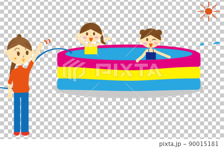 自宅の庭の家庭用プールで水遊びをする二人の女の子とそれを見守る母親のイラスト 夏休みm 暑い 風景のイラスト素材 自宅の庭の家庭用プールで水遊びをする二人の女の子とそれを見守る母親のイラスト 夏休みm 暑い 風景のイラスト素材