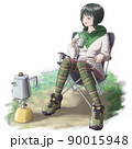 キャンプでコーヒーを飲む女の子 90015948