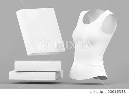 3D Woman t-shirt with stack cardboard boxes. Blank apparel design for female, white basic casual wear, sportswear. Mockup sleeveless tank top with paper packaging for branding and delivery, 3d render 90016358