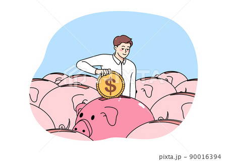 Businessman put coin into piggybank  90016394