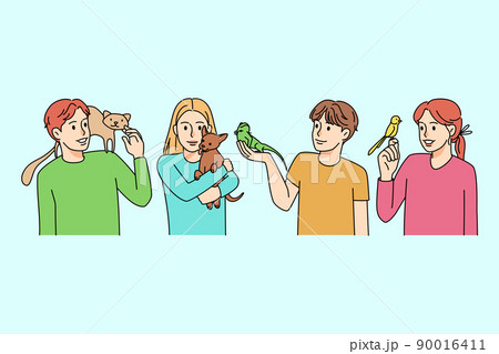 Happy kids play with diverse pets Happy kids play with diverse pets 90016411