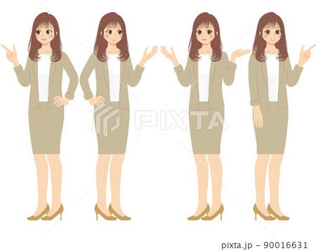 働く女性イラストセット　全身　ベージュスーツ　茶髪 90016631