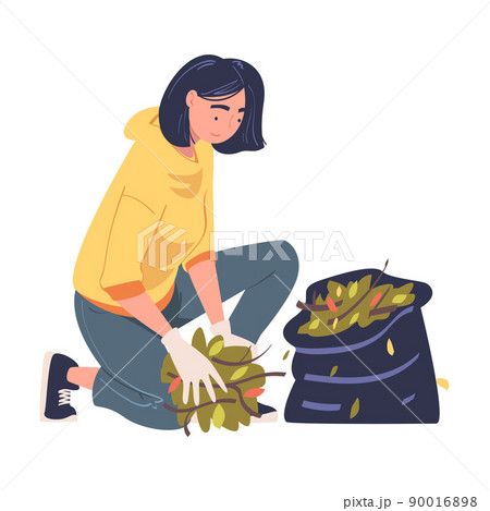 Woman Volunteer Cleaning Picking up Garbage and Foliage in Bag Vector Illustration 90016898
