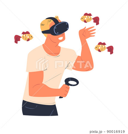 Man Wearing Virtual Reality Headset Among Fish Immersed in Abstract VR World Vector Illustration Man Wearing Virtual Reality Headset Among Fish Immersed in Abstract VR World Vector Illustration 90016919