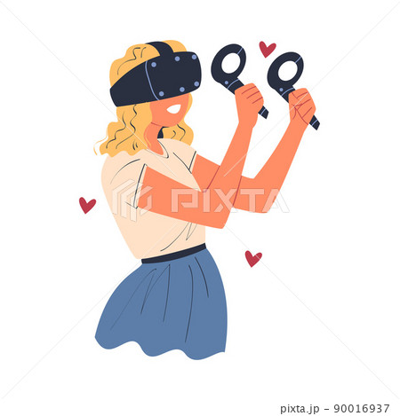 Woman Wearing Virtual Reality Headset Immersed in Abstract VR World Vector Illustration Woman Wearing Virtual Reality Headset Immersed in Abstract VR World Vector Illustration 90016937