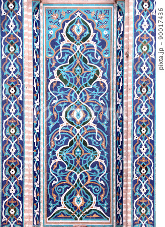 Detail of traditional persian mosaic wall with floral ornament, Grand Jame Mosque, Yazd, Iran Detail of traditional persian mosaic wall with floral ornament, Grand Jame Mosque, Yazd, Iran 90017436
