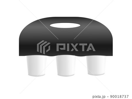 Black mockup holder for three cups of coffee, vector flat illustration on a white background. 90018737