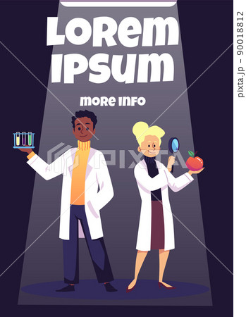 Scientists studying agronomy, man and woman with flask and apple, flat poster template - vector illustration. Scientists studying agronomy, man and woman with flask and apple, flat poster template - vector illustration. 90018812