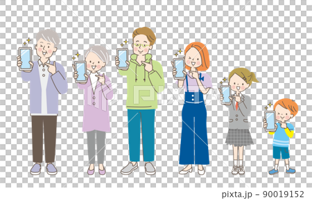 スマホの画面を見せる笑顔の三世代家族 90019152