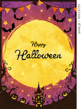 城や蝙蝠のシルエットのハロウィンの満月の夜のベクターイラスト背景(ガーランド) 90019705