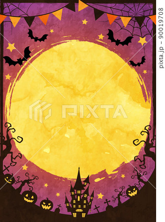 城や蝙蝠のシルエットのハロウィンの満月の夜のベクターイラスト背景(ガーランド) 90019708