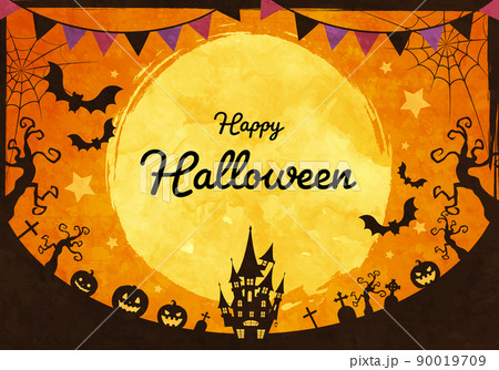 城や蝙蝠のシルエットのハロウィンの満月の夜のベクターイラスト背景(ガーランド) 城や蝙蝠のシルエットのハロウィンの満月の夜のベクターイラスト背景(ガーランド) 90019709