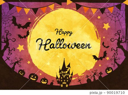 城や蝙蝠のシルエットのハロウィンの満月の夜のベクターイラスト背景(ガーランド) 90019710