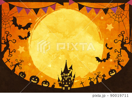 城や蝙蝠のシルエットのハロウィンの満月の夜のベクターイラスト背景(ガーランド) 90019711