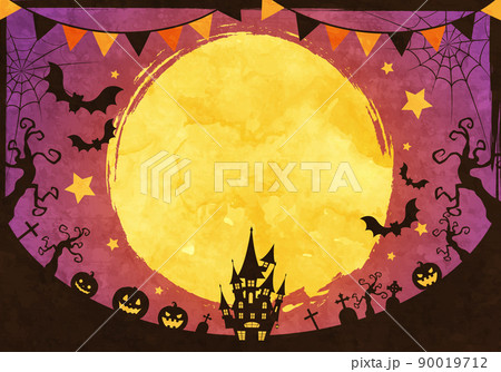 城や蝙蝠のシルエットのハロウィンの満月の夜のベクターイラスト背景(ガーランド) 90019712