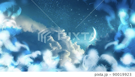 青い夜空に漂う雲海と三日月の背景イラストとふわふわと舞う白い天使の羽のイラスト素材