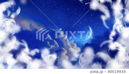 青い夜空に漂う雲海と三日月の背景イラストとふわふわと舞う白い天使の羽 青い夜空に漂う雲海と三日月の背景イラストとふわふわと舞う白い天使の羽 90019930
