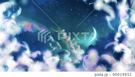 青い夜空に漂う雲海と三日月の背景イラストとふわふわと舞う白い天使の羽 青い夜空に漂う雲海と三日月の背景イラストとふわふわと舞う白い天使の羽 90019932