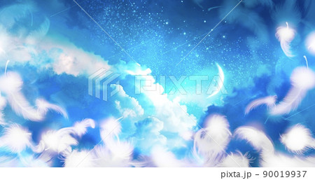 青い夜空に漂う雲海と三日月の背景イラストとふわふわと舞う白い天使の羽のイラスト素材
