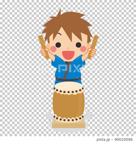 一個可愛的男孩在一件 happi 外套夏季節日白色背景上打日本鼓的插圖剪貼畫矢量 90020086