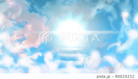 青空を舞う白い羽と天国に続く雲の階段のイラストのイラスト素材