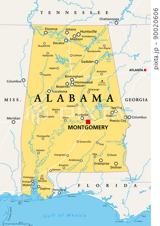 Alabama, AL, political map with the capital Montgomery, cities, rivers and lakes. State in the Southeastern region of the United States, nicknamed Yellowhammer State, Heart of Dixie, and Cotton State. 90020606