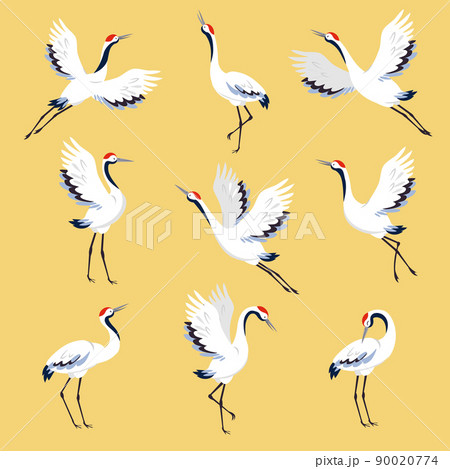 Red Crowned Crane as Long-legged and Long-necked Bird in Different Pose on Yellow Background Vector Set 90020774