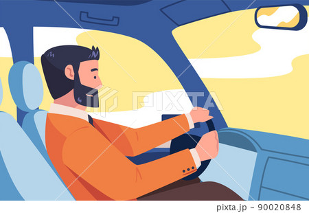 Bearded Man Character Driving Car Sitting on Driver Seat Inside Vehicle Vector Illustration 90020848