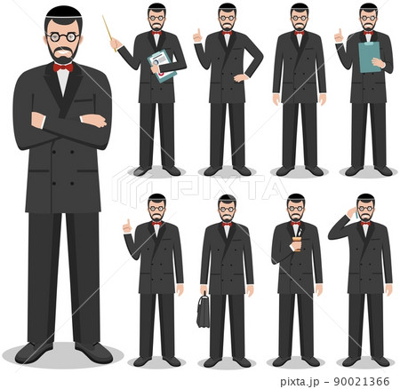 Business concept. Detailed illustration of jewish businessman standing in different positions in flat style isolated on white background. Vector illustration. Business concept. Detailed illustration of jewish businessman standing in different positions in flat style isolated on white background. Vector illustration. 90021366