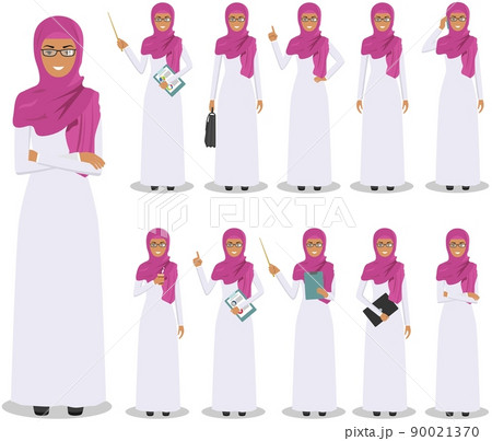 Business concept. Detailed illustration of muslim arabian businesswoman standing in different positions in flat style isolated on white background. Vector illustration. Business concept. Detailed illustration of muslim arabian businesswoman standing in different positions in flat style isolated on white background. Vector illustration. 90021370