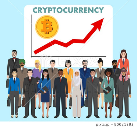 Cryptocurrency concept. Group of business people standing together on background graph with trend line rising up and coin with a sign of bitcoin. Business team and teamwork concept. 90021393