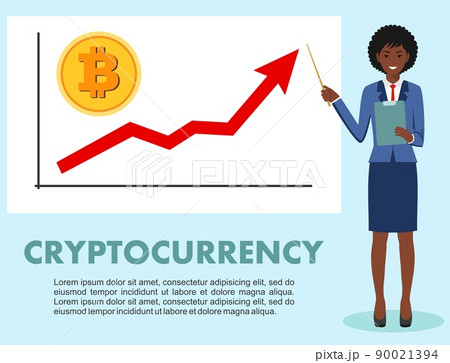 Cryptocurrency concept. Businesswoman and graph with trend line rising up and coin with a sign of bitcoin in flat style isolated. Digital currency electronic money, exchange, mobile banking. Vector. 90021394