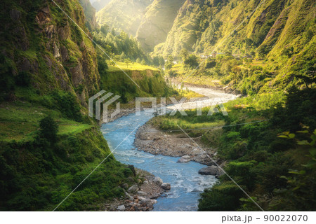 Colorful landscape with high Himalayan mountains and river 90022070