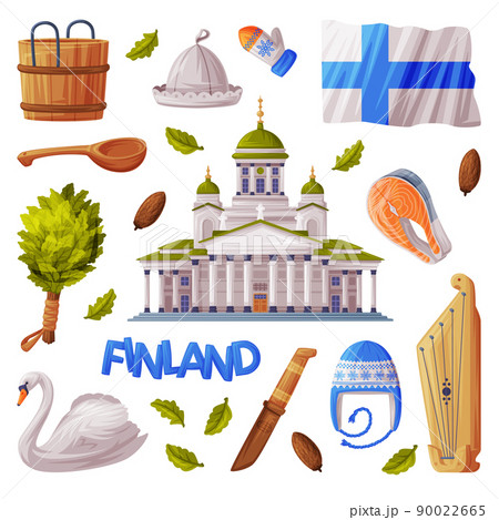 Finland Symbol and Attribute with Saint Nicholas Cathedral and Bath Broom Vector Set 90022665