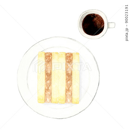 皿に乗ったシーチキンマヨネーズのサンドイッチとコーヒー　料理・カフェメニューの手描き水彩イラスト素材 90023191