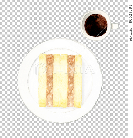 皿に乗ったシーチキンマヨネーズのサンドイッチとコーヒー　料理・カフェメニューの手描き水彩イラスト素材 90023191