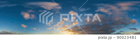 Panorama of a dark blue sunset sky with golden Cumulus clouds. Seamless hdr 360 panorama in spherical equiangular format. Full zenith for 3D visualization, sky replacement for aerial drone panoramas. Panorama of a dark blue sunset sky with golden Cumulus clouds. Seamless hdr 360 panorama in spherical equiangular format. Full zenith for 3D visualization, sky replacement for aerial drone panoramas. 90023481