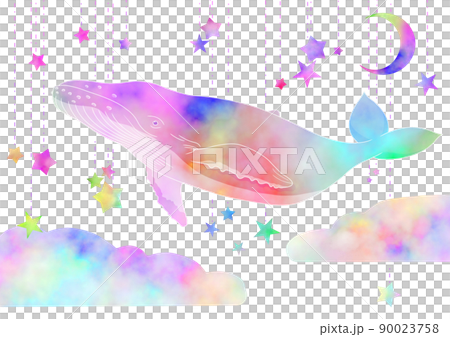 空を泳ぐくじらと月と星と雲のイラスト 90023758